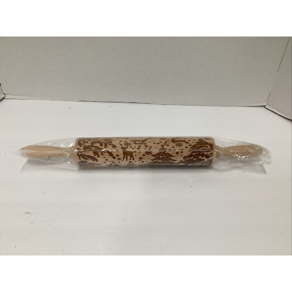 wooden embossed rolling pin engraved Christmas deer forest trees snowflakes